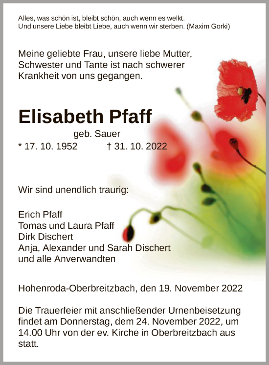 Traueranzeige von Elisabeth Pfaff von HZ