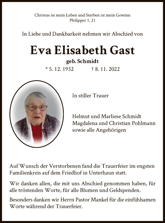 Traueranzeige von Eva Elisabeth Gast von HZ