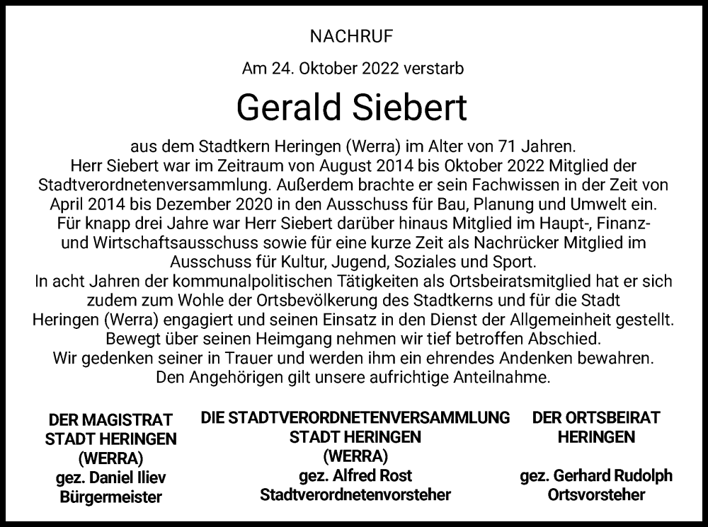  Traueranzeige für Gerald Siebert vom 05.11.2022 aus HZ
