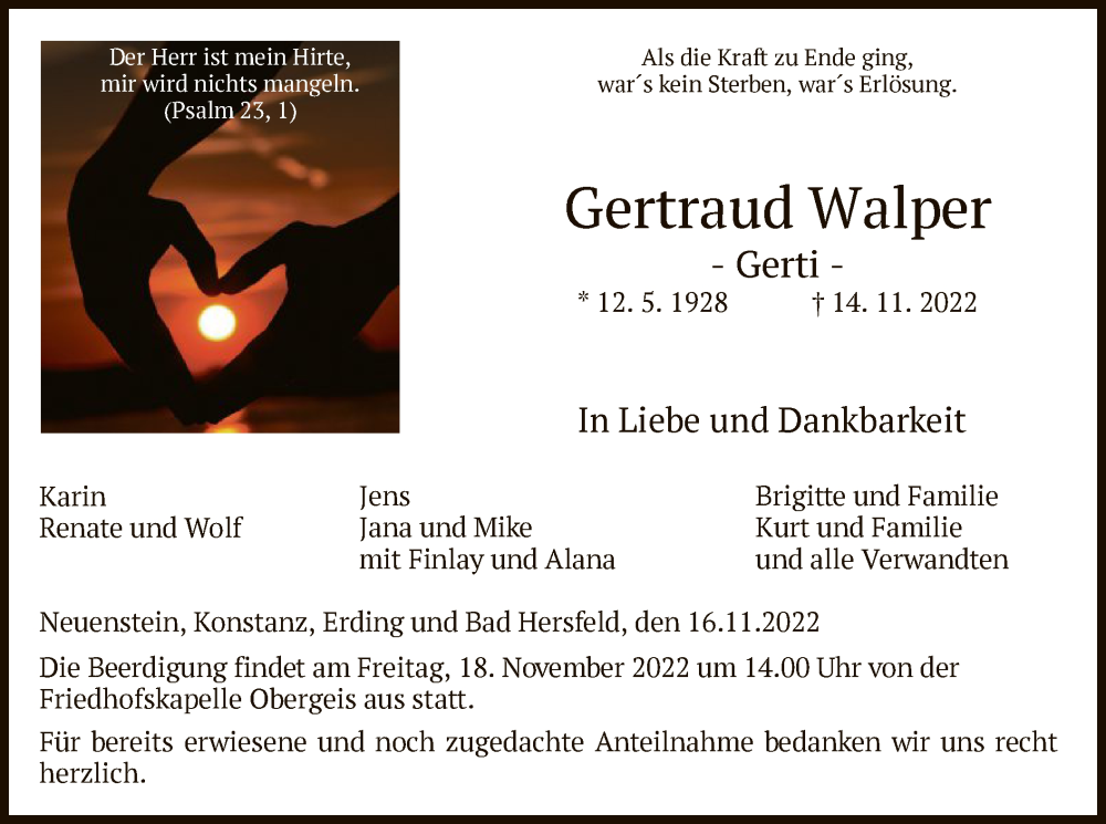  Traueranzeige für Gertraud Walper vom 16.11.2022 aus HZ