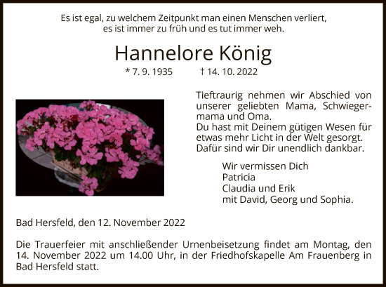 Traueranzeige von Hannelore König von HZ