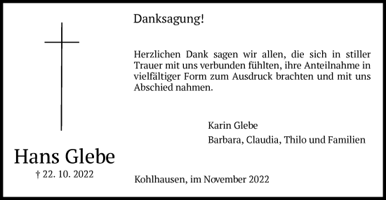 Traueranzeige von Hans Glebe von HZ