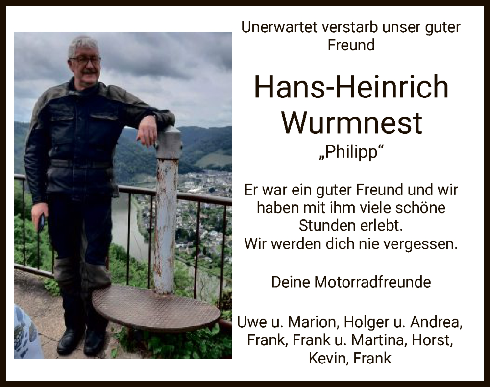  Traueranzeige für Hans-Heinrich Wurmnest vom 12.11.2022 aus HZ