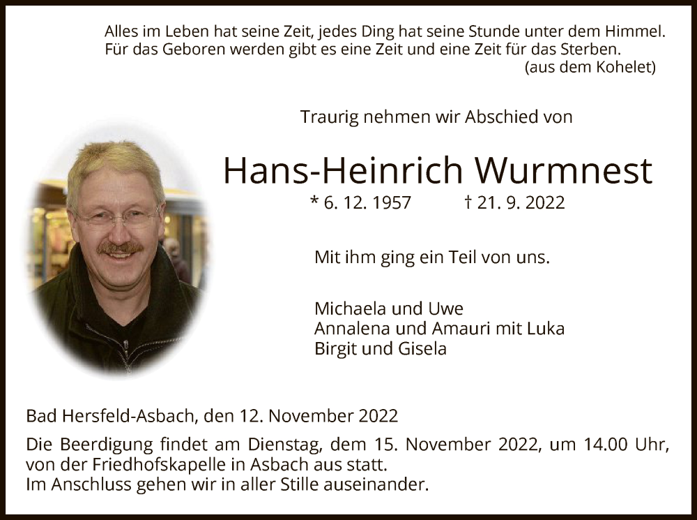  Traueranzeige für Hans-Heinrich Wurmnest vom 12.11.2022 aus HZ