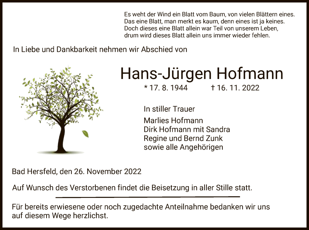  Traueranzeige für Hans-Jürgen Hofmann vom 26.11.2022 aus HZ