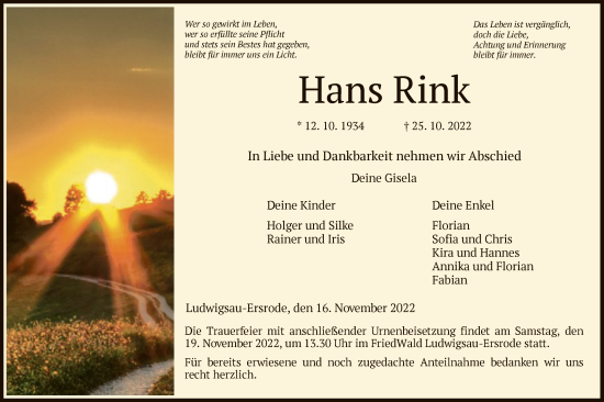 Traueranzeige von Hans Rink von HZ