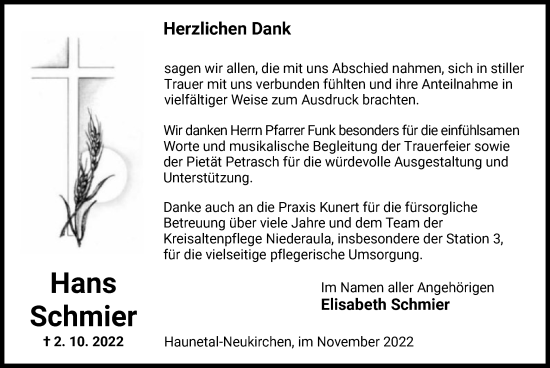 Traueranzeige von Hans Schmier von HZ