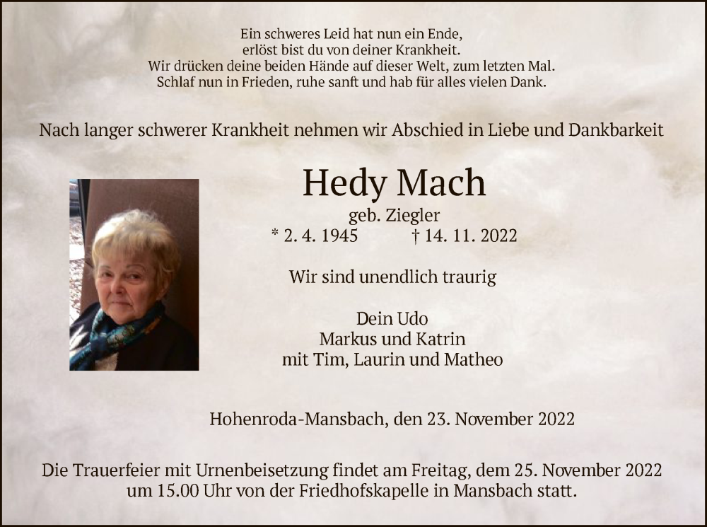  Traueranzeige für Hedy Mach vom 23.11.2022 aus HZ