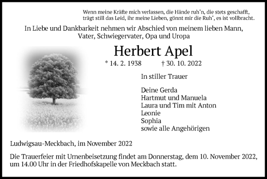 Traueranzeige von Herbert Apel von HZ