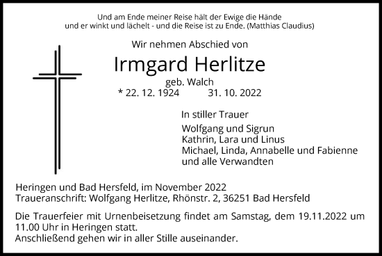 Traueranzeige von Irmgard Herlitze von HZ