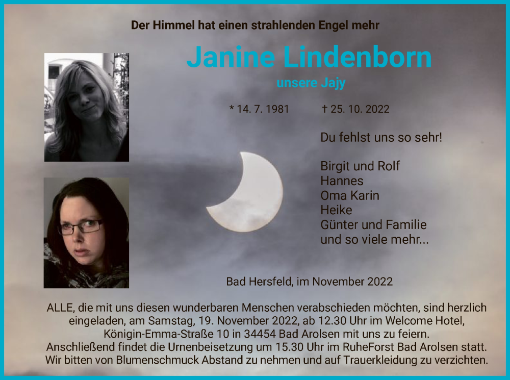 Traueranzeige für Janine Lindenborn vom 05.11.2022 aus HZ