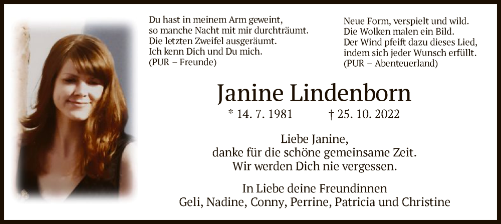  Traueranzeige für Janine Lindenborn vom 05.11.2022 aus HZ