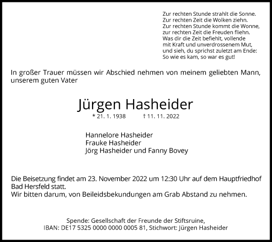 Traueranzeige von Jürgen Hasheider von HZ