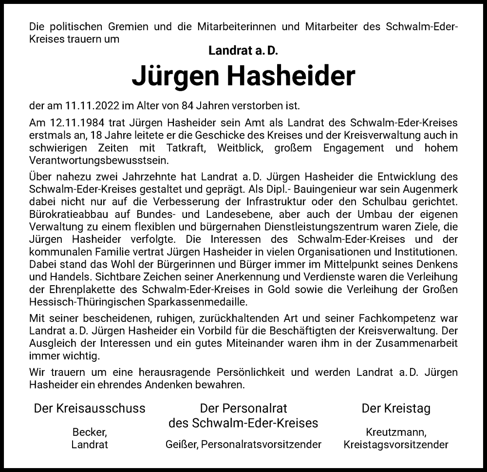  Traueranzeige für Jürgen Hasheider vom 19.11.2022 aus HNA