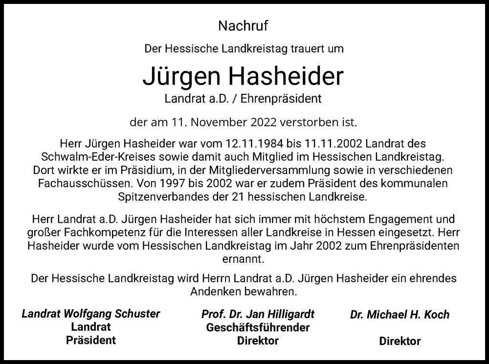  Traueranzeige für Jürgen Hasheider vom 19.11.2022 aus HZ