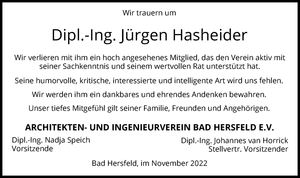  Traueranzeige für Jürgen Hasheider vom 19.11.2022 aus HZ
