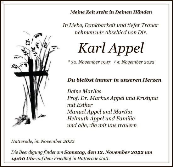 Traueranzeige von Karl Appel von HZ