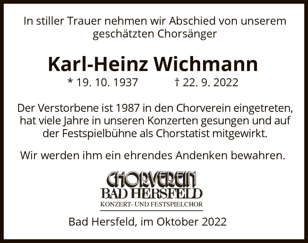  Traueranzeige für Karl-Heinz Wichmann vom 19.11.2022 aus HZ