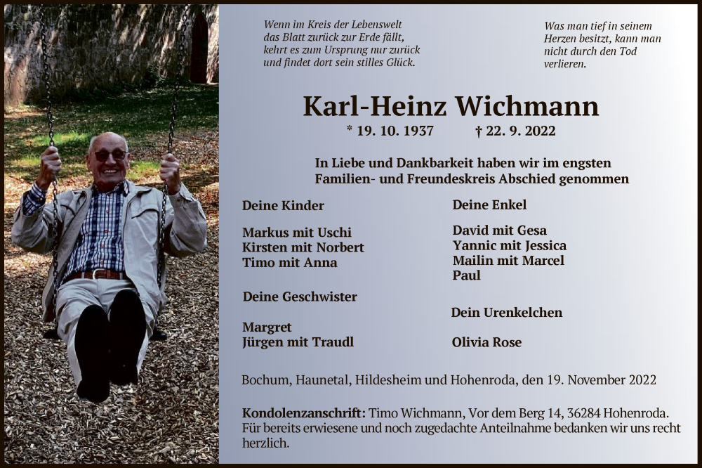  Traueranzeige für Karl-Heinz Wichmann vom 19.11.2022 aus HZ