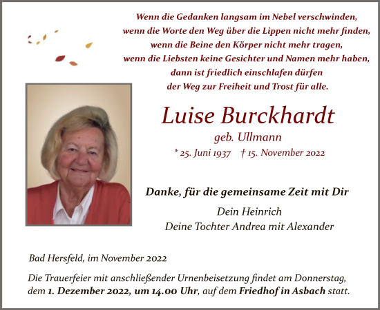 Traueranzeige von Luise Burckhardt von HZ