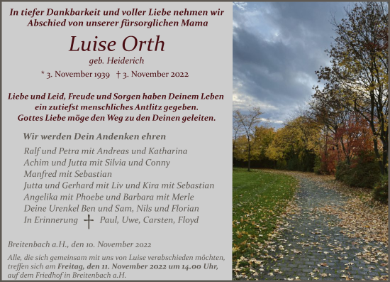 Traueranzeige von Luise Orth von HZ