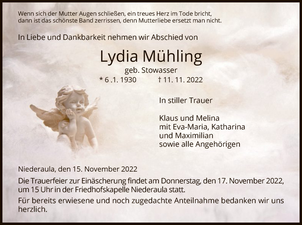 Traueranzeige für Lydia Mühling vom 15.11.2022 aus HZ