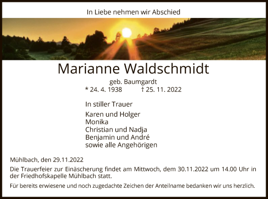 Traueranzeige von Marianne Waldschmidt von HZ