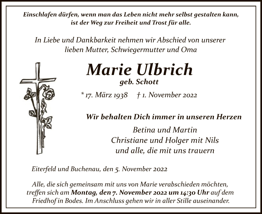  Traueranzeige für Marie Ulbrich vom 05.11.2022 aus HZ