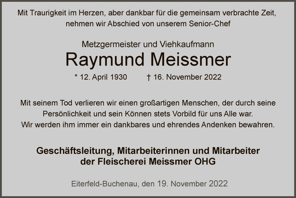  Traueranzeige für Raymund Meissmer vom 19.11.2022 aus HZ