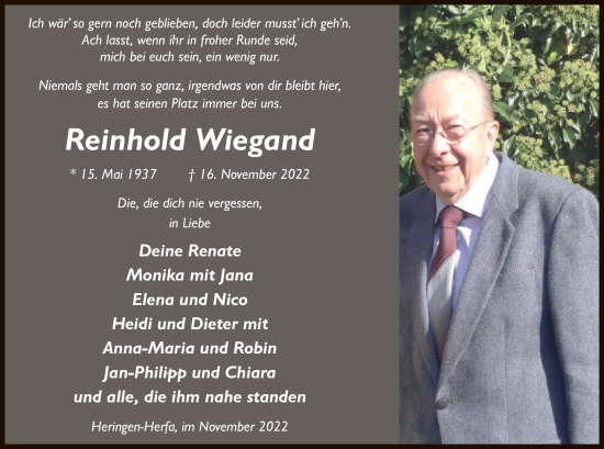 Traueranzeige von Reinhold Wiegand von HZ