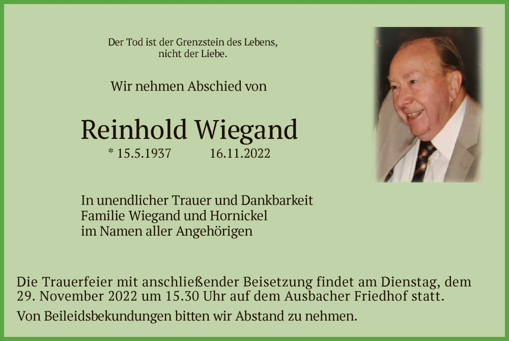  Traueranzeige für Reinhold Wiegand vom 23.11.2022 aus HZ