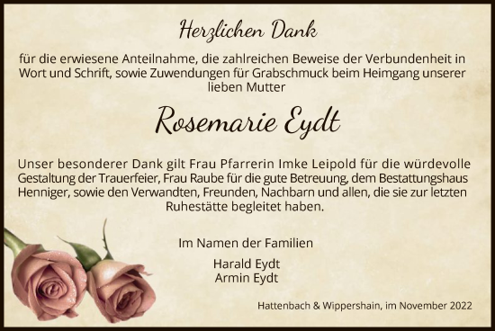 Traueranzeige von Rosemarie Eydt von HZ