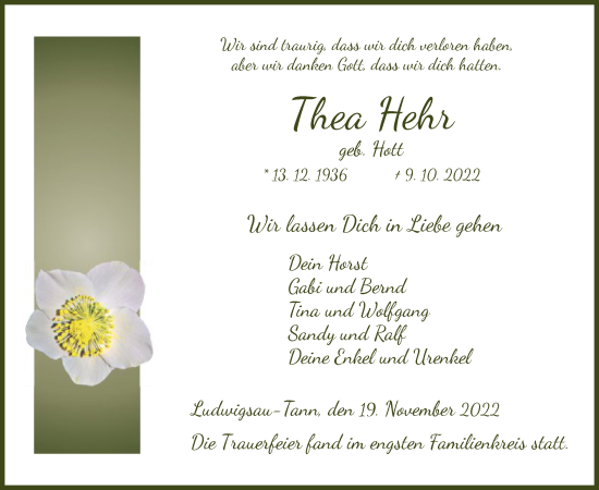 Traueranzeige von Thea Hehr von HZ