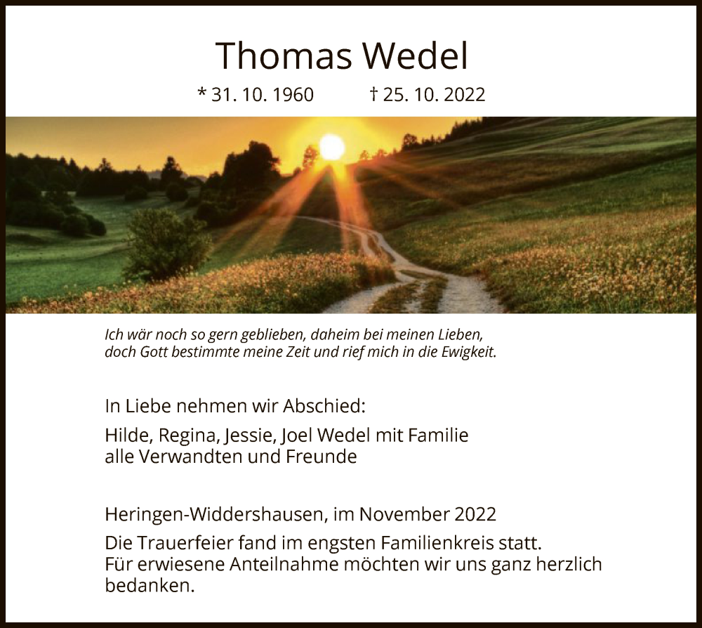  Traueranzeige für Thomas Wedel vom 23.11.2022 aus HZ