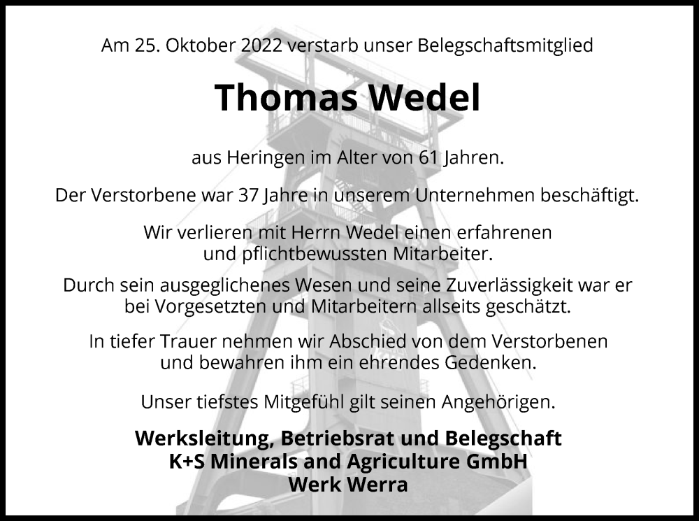  Traueranzeige für Thomas Wedel vom 24.11.2022 aus HZ