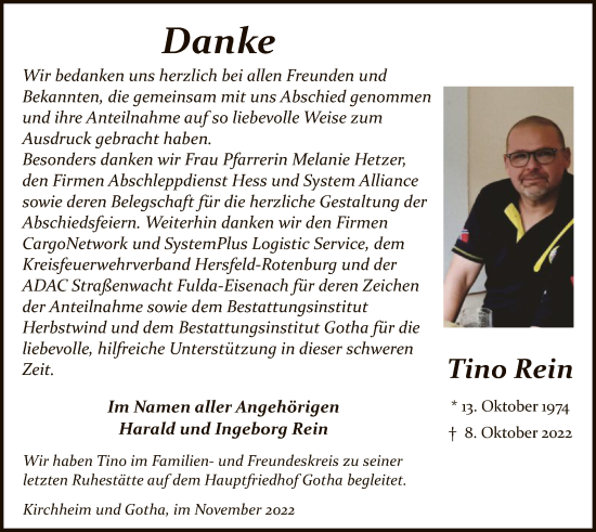 Traueranzeige von Tino Rein von HZ