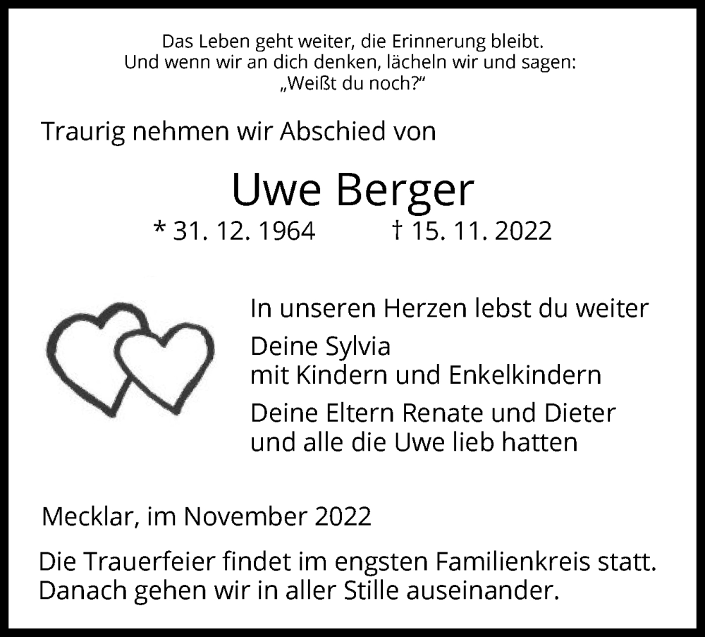  Traueranzeige für Uwe Berger vom 26.11.2022 aus HZ