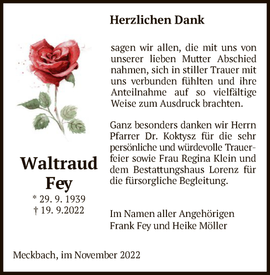 Traueranzeige von Waltraud Fey von HZ