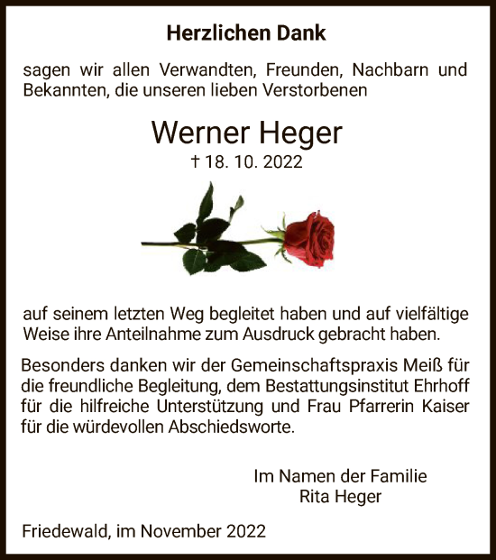 Traueranzeige von Werner Heger von HZ