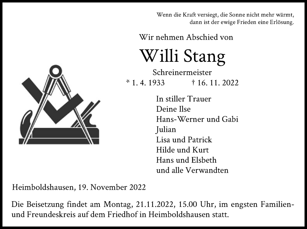  Traueranzeige für Willi Stang vom 19.11.2022 aus HZ