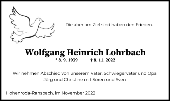 Traueranzeige von Wolfgang Heinrich Lohrbach von HZ