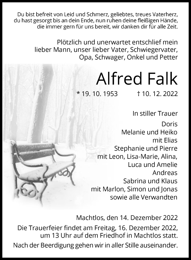  Traueranzeige für Alfred Falk vom 14.12.2022 aus HZ