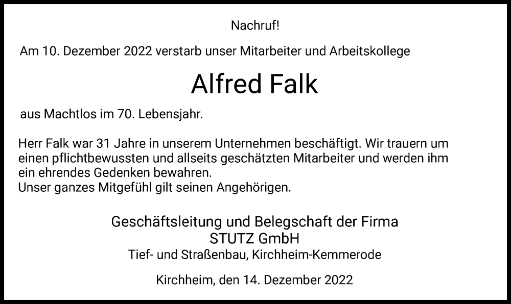  Traueranzeige für Alfred Falk vom 14.12.2022 aus HZ