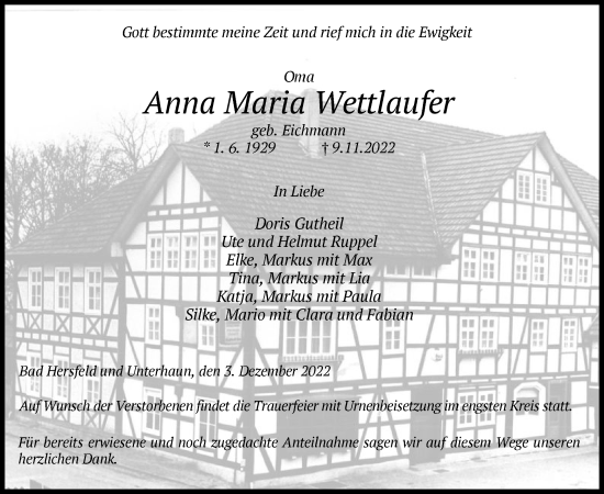 Traueranzeige von Anna Maria Wettlaufer von HZ