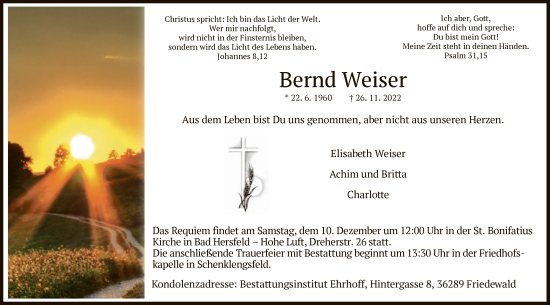 Traueranzeige von Bernd Weiser von HZ