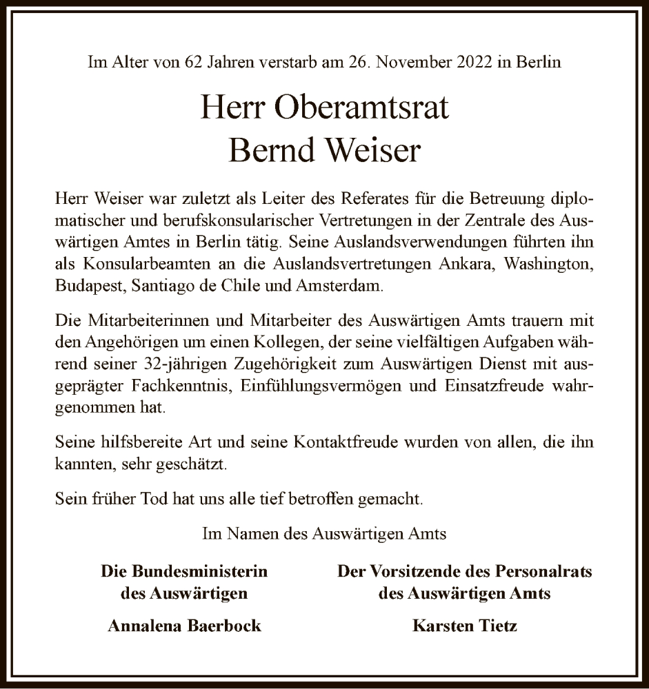  Traueranzeige für Bernd Weiser vom 24.12.2022 aus HZ