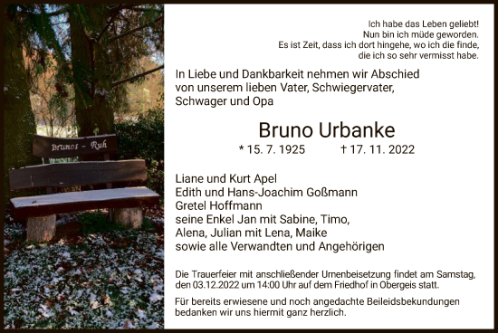 Traueranzeige von Bruno Urbanke von HZ