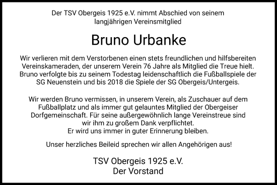 Traueranzeige von Bruno Urbanke von HZ