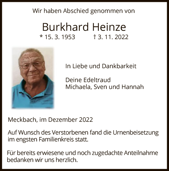 Traueranzeige von Burkhard Heinze von HZ