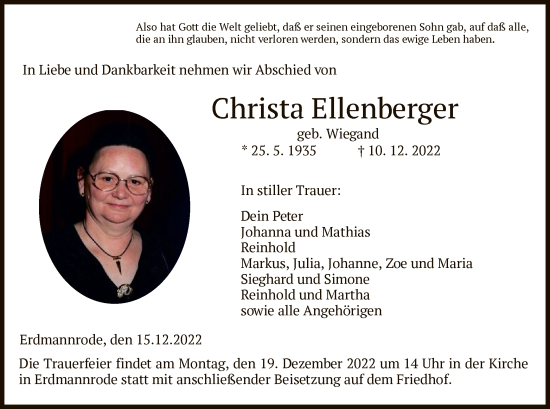 Traueranzeige von Christa Ellenberger von HZ